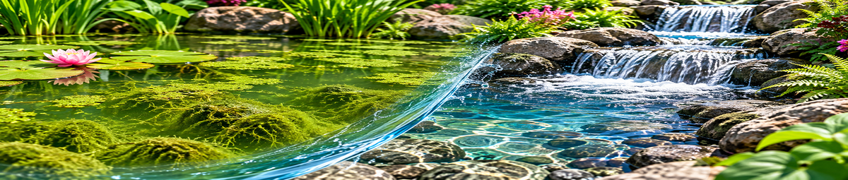 Algae-covered pond beside a clear pondless waterfall and stream, illustrating pond and pondless algae control.