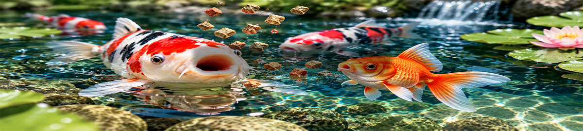 Koi and goldfish feeding on floating fish food in a clear landscaped pond with a waterfall.