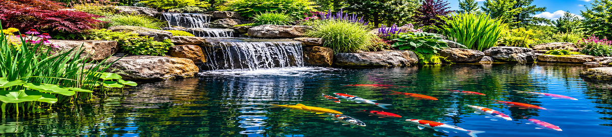HydroLife™ Hybrid Pond with waterfalls, aquatic plants and koi in a natural landscaped setting.