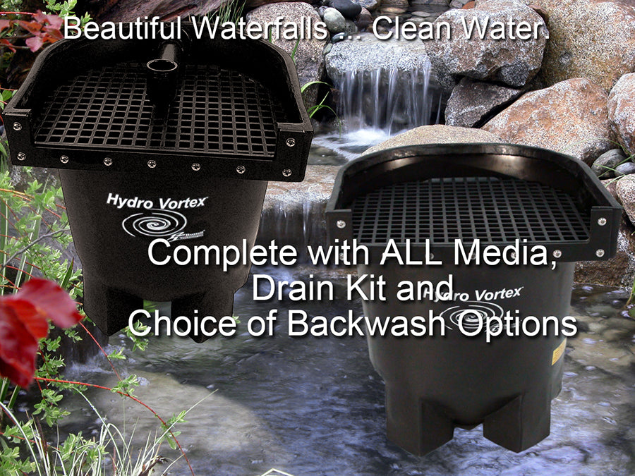 Two Hydro Vortex units with a water feature and text about waterfalls and clean water.