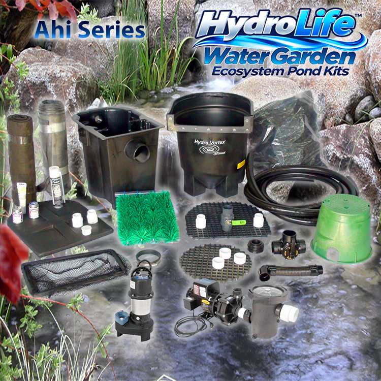 Ahi Series HydroLife™ Water Garden Ecosystem Pond Kit over a water garden ecosystem pond with waterfalls and clean water.