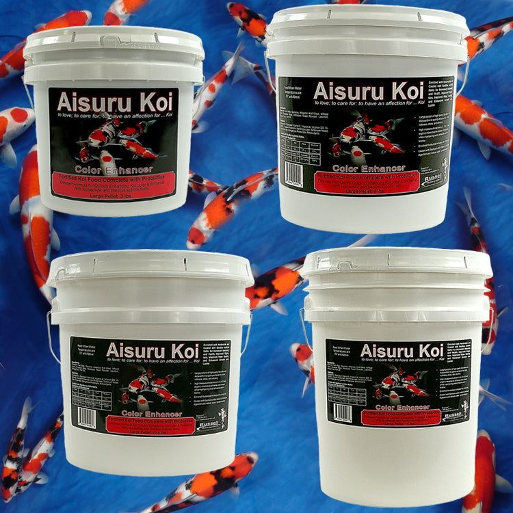 Aisuru Color Enhancer Koi Food in 3 lb., 6 lb., 10.5 lb., and 15 lb. Buckets