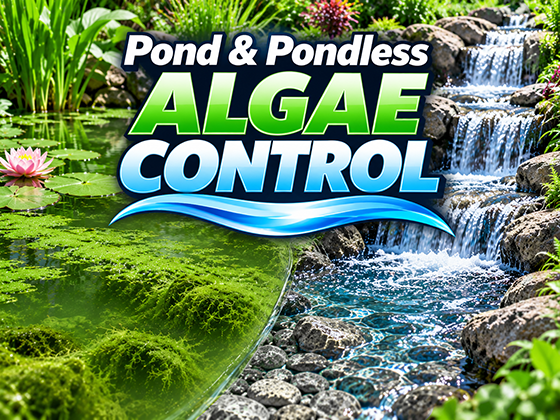 Pond and pondless algae control with an algae-covered pond beside a clear waterfall and stream.