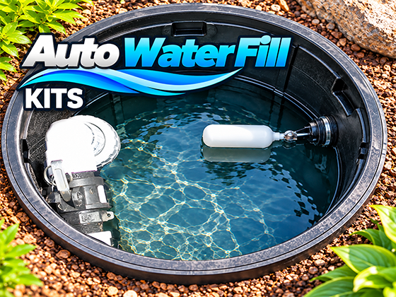 Auto Water Fill Kit with float valve for automatically maintaining water levels in ponds and pondless waterfalls.