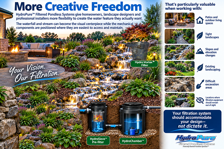 A promotional infographic for HydroPure Pondless Water Features, showing a landscaped waterfall and stream system with inset product details and text callouts. The layout includes a large landscape photo, two cylindrical filter units, small architectural examples, and marketing text on a white background.