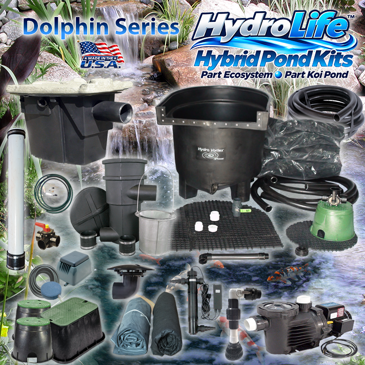 Dolphin Series HydroLife™ hybrid pond kit over a beautiful waterfall and pond with clean, clear water.