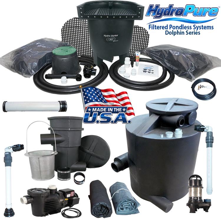 HydroPure Dolphin Series filtered pondless water system kit with multiple black and gray components, including a large storage tank, pump, filters, hoses, and accessories, arranged on a white background with a 'Made in the U.S.