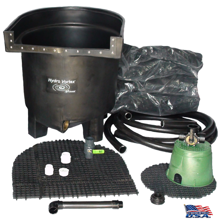 Dolphin Hydro Vortex™ 25-inch biological waterfall filter with FilterSilk™ media, drain kit and HydroFlush™ backwash system for ponds and pondless waterfalls.