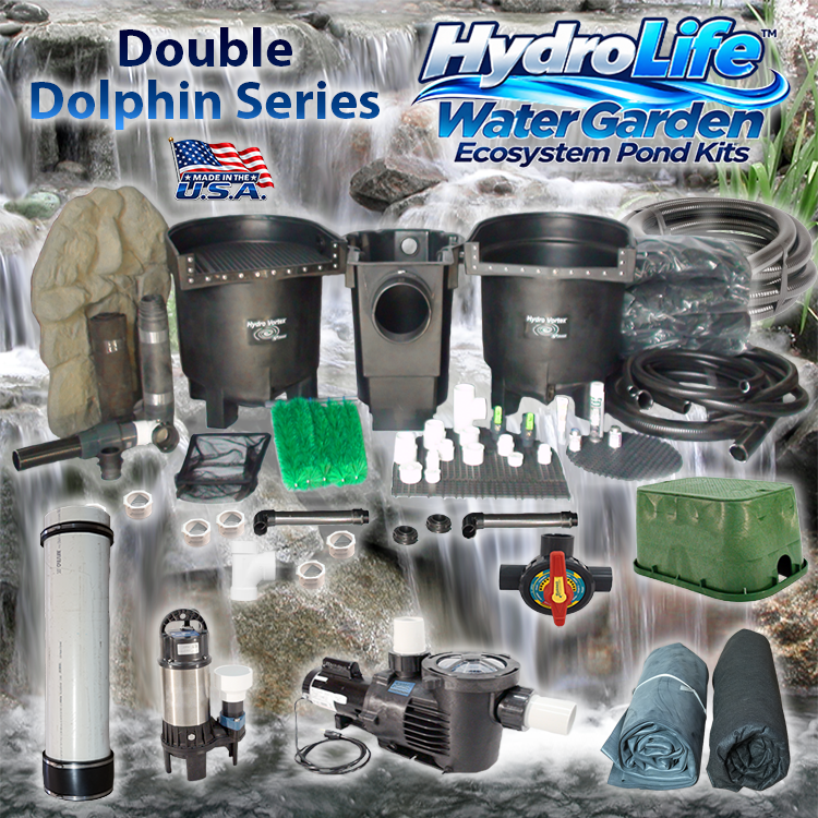 Double Dolphin Series HydroLife™ customizable jumbo water garden pond kit over large waterfalls with clean water.