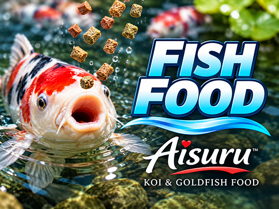 Aisuru™ koi and goldfish food with koi feeding on floating pellets in clear pond water.