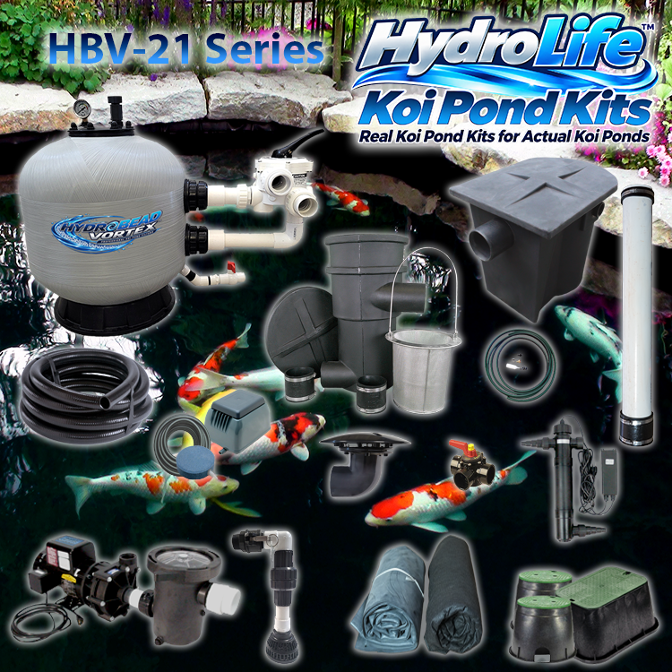 HBV-21 Series HydroLife™ Koi Pond Kit over a beautiful koi pond filled with brightly colored koi fish in clean, clear water.