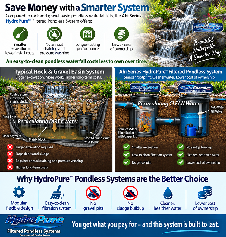 An infographic comparison graphic for the Ahi Series HydroPuro Filtered Pondless Waterfall System, showing a waterfall on the left labeled 'Typical Rock & Gravel Basin System' and a blue pondless system on the right labeled 'Recirculating CLEAN Water' under the Ahi Series HydroPuro Filtered Pondless System. The graphic includes text highlighting benefits like smaller excavation, cleaner water, and lower ownership costs, with a blue HydroPuro logo at the bottom.