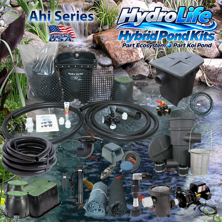 Ahi Series HydroLife™ Hybrid Pond Kit combines the beauty of a water garden pond with the koi health benefits of a koi pond over a beautiful Hybrid Pond with clean water and waterfalls.
