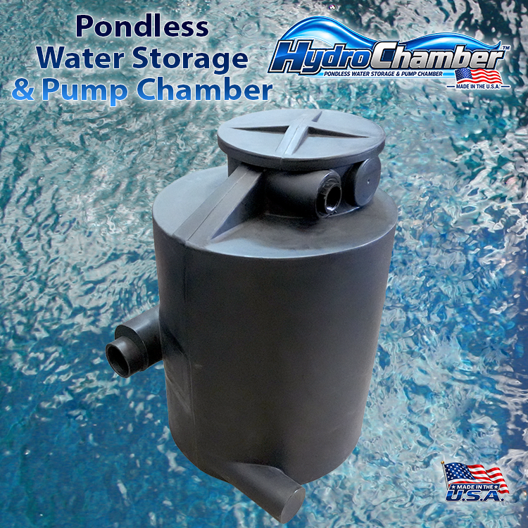 HydroChamber™ underground pondless water storage and pump chamber with access lid and plumbing connections over clean blue water.