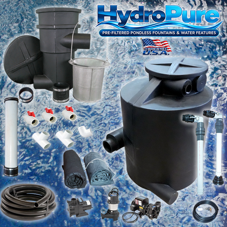HydroPure™ pre-filtered pondless fountain kit with HydroSieve, HydroChamber, pumps, plumbing, valves, liner and installation components over a blue water background.