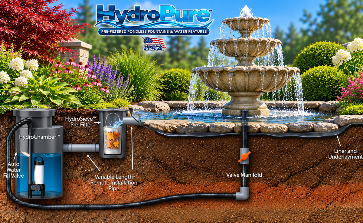 HydroPure™ pre-filtered pondless formal fountain showing HydroSieve, HydroChamber, auto-fill valve, valve manifold, liner and underground plumbing.