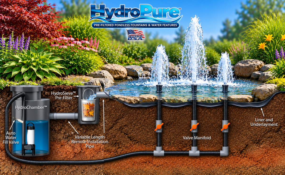 HydroPure™ pre-filtered pondless garden fountain showing HydroSieve, HydroChamber, auto-fill valve, valve manifold, liner and underground plumbing.