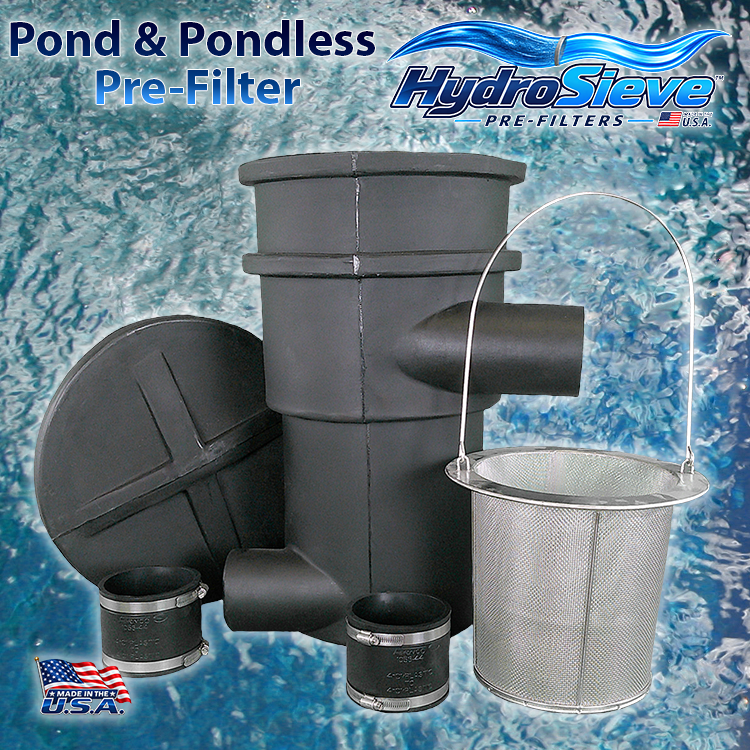 HydroSieve™ pond and pondless pre-filter with 316 stainless steel debris basket, lid and 4-inch pipe connections over clean blue water.
