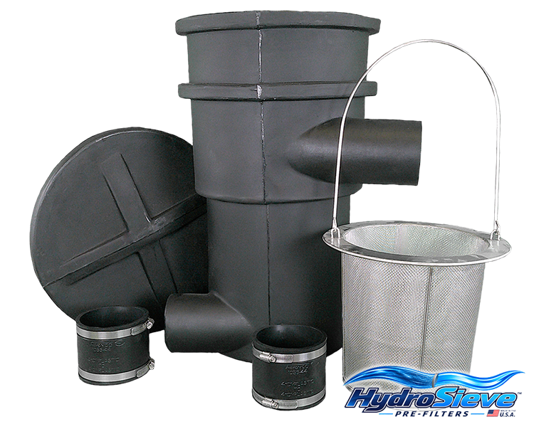HydroSieve™ pond and pondless pre-filter with 316 stainless steel debris basket, lid and 4-inch pipe connections.