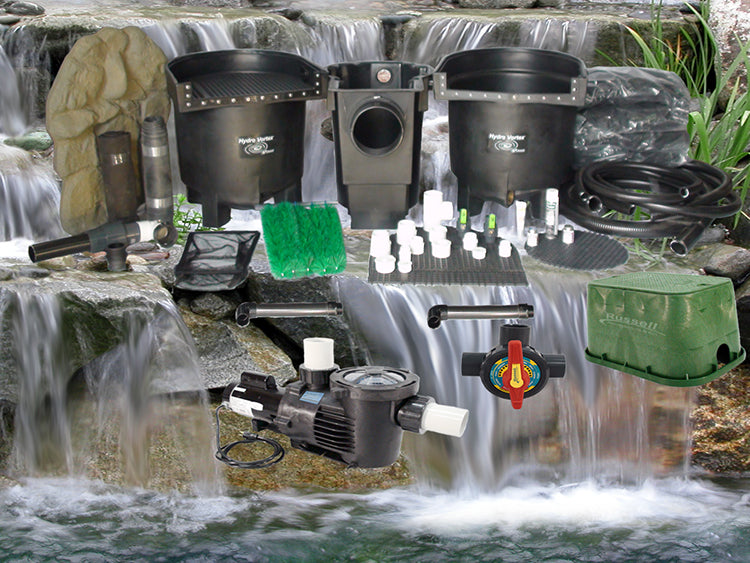 Double Dolphin Series 31'x31' jumbo pond kit and C-10680-3B external pump with HydroFlush backwash system