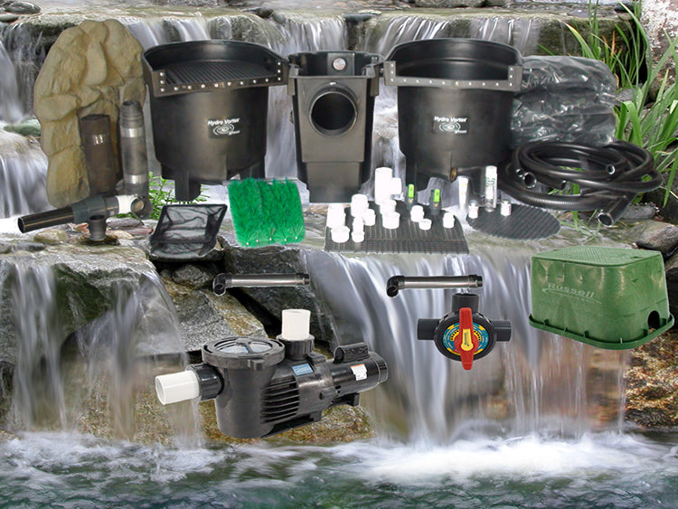 Double Dolphin Series 21'x26' jumbo pond kit and C-13080-3B pump with HydroFlush backwash system