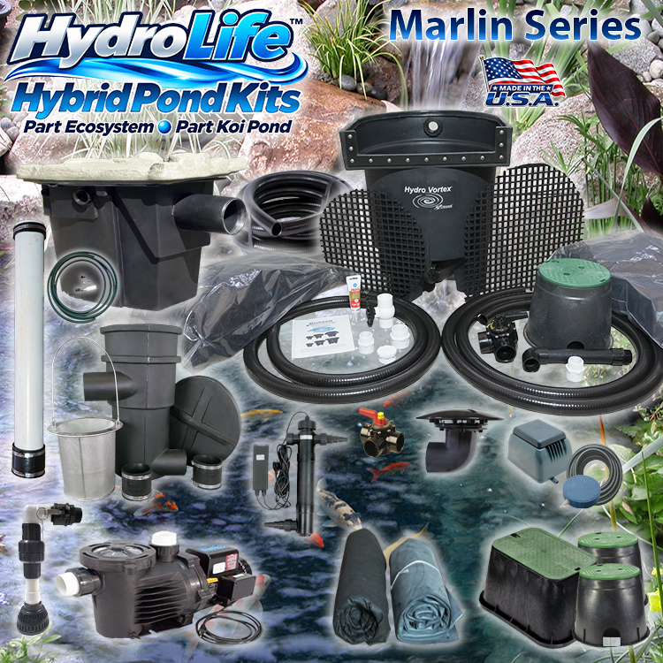 Marlin Series HydroLife™ hybrid pond kit for ponds that have the look of a water garden pond, but the function of a koi pond over a beautiful waterfall and clean pond water.