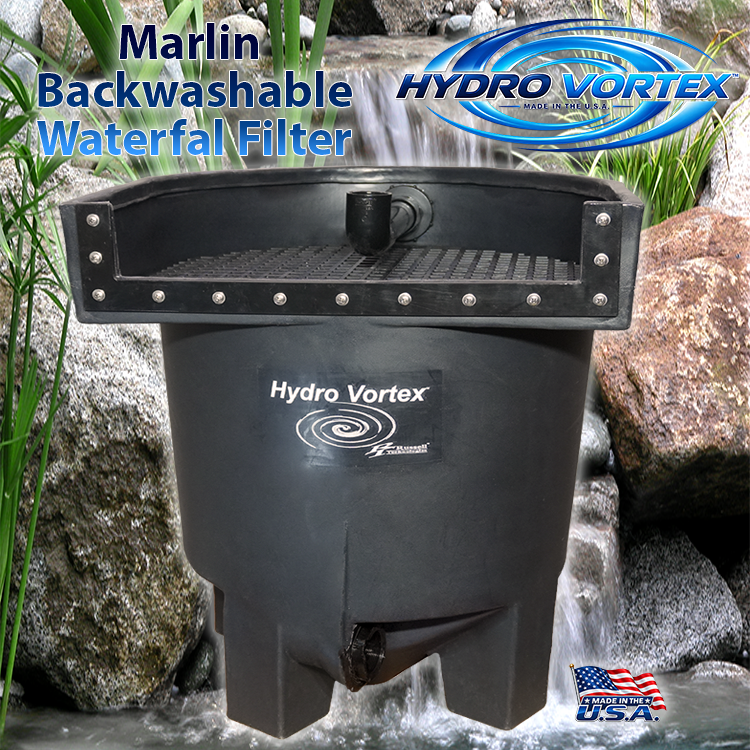 Marlin Hydro Vortex™ 20-inch biological waterfall filter for ponds and pondless waterfalls with clean pond water.