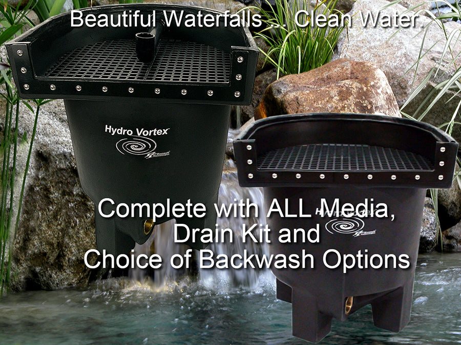 Hydro Vortex water feature system with text overlay in front of a natural water setting.