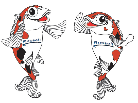 Cute and Happy Koi Fish characters representing John and Pamela Russell, the founders of Russell Watergardens & Koi