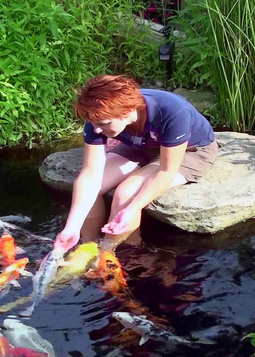 Pamela Russell hand feeding large koi fish sitting on a boulder with her feet dangling into the koi pond with koi fish all around her feet