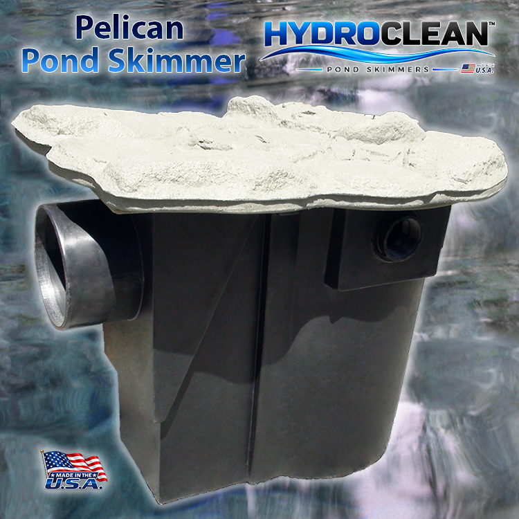 HydroClean™ Pelican Large Fish-Safe Pond Skimmer over clean blue pond water.
