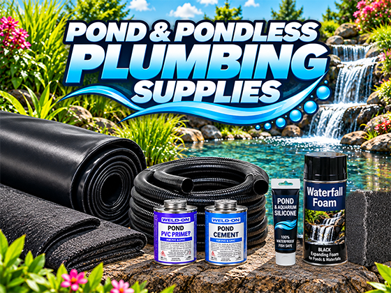 Pond and pondless plumbing supplies including flexible PVC pipe, pond liner, underlayment, PVC glue and primer, silicone, and waterfall foam.