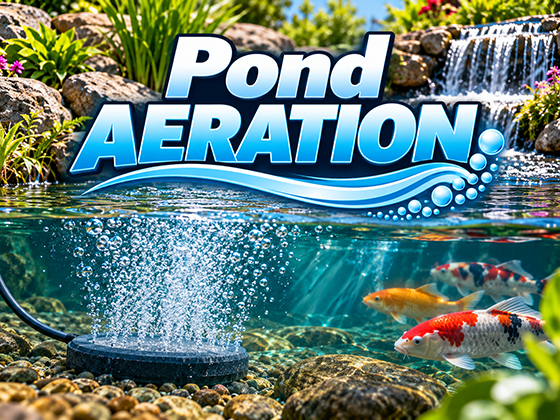Pond aeration system with underwater air diffuser releasing oxygen bubbles beside koi in clear pond water.