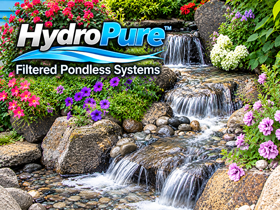 A landscaped pondless waterfall scene with rocks, flowing water, greenery, and colorful flowers, overlaid with the HydroPure logo and the text 'Filtered Pondless Systems.' This is not a clean isolated product shot; it shows the product in a real outdoor environment, so subject_type is Lifestyle.