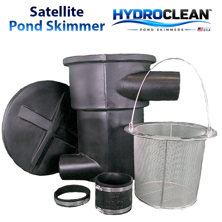 HydroClean™ External-Pump Satellite Pond Skimmer with stainless steel filter basket, coupler, and collar.