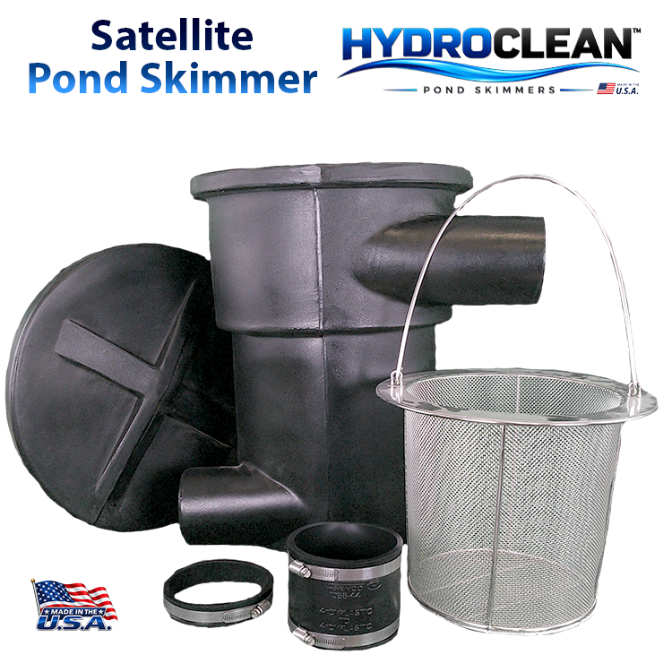 HydroClean™ External-Pump Satellite Pond Skimmer with stainless steel filter basket, coupler, and collar.