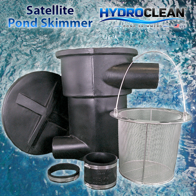 HydroClean™ External-Pump Satellite Pond Skimmer with stainless steel filter basket, coupler, and collar over beautiful clean blue water.
