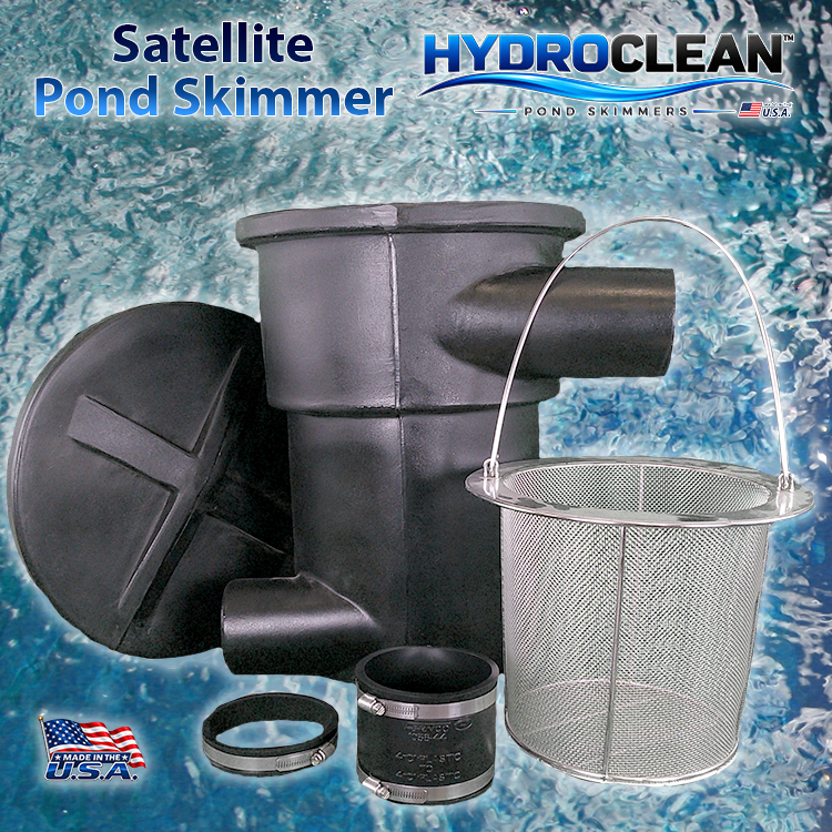 HydroClean™ External-Pump Satellite Pond Skimmer with stainless steel filter basket, coupler, and collar over beautiful clean blue water.