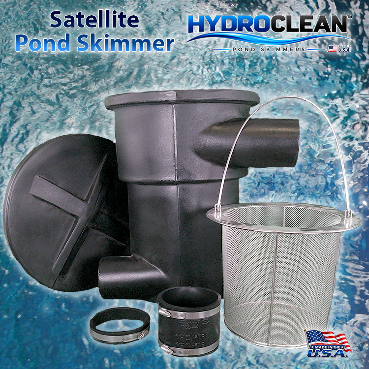 HydroClean™ External-Pump Satellite Pond Skimmer with stainless steel filter basket, coupler, and collar over beautiful clean blue water.