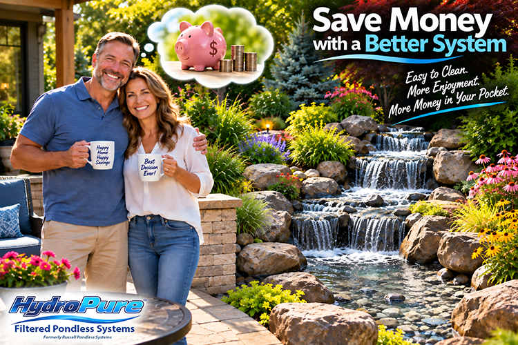 A man and woman stand beside a landscaped pond waterfall in a sunny backyard, holding mugs with the words 'Save Money' and 'Better System.' Large text reads 'Save Money with a Better System,' and the HydroPure logo appears at the bottom left.