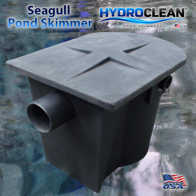 HydroClean™ Seagull Small Fish-Safe Pond Skimmer over beautiful blue clean pond water.