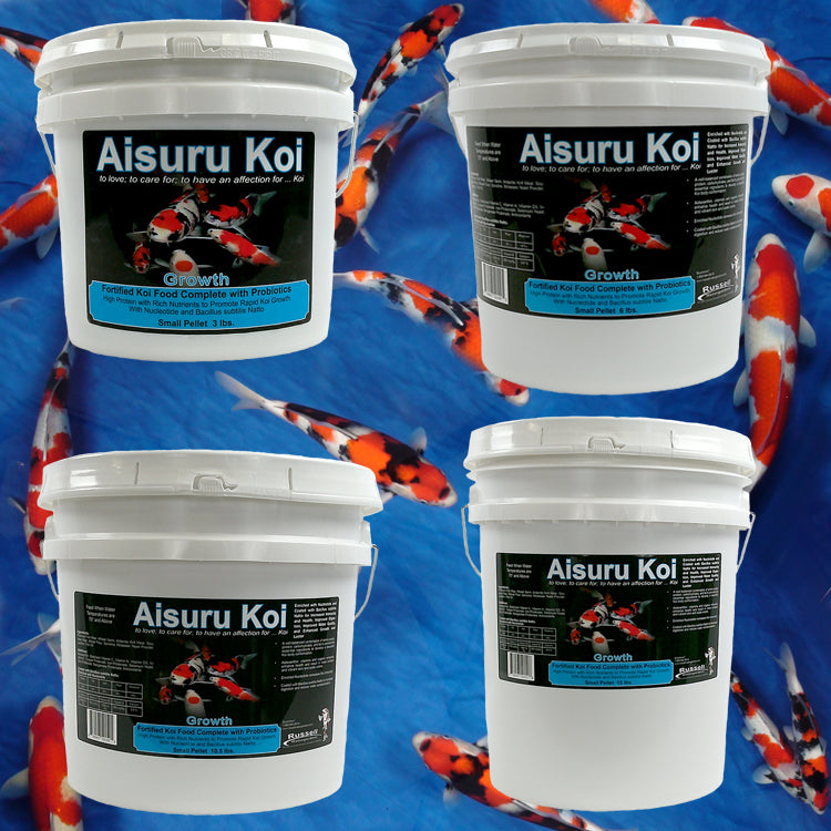 Aisuru Koi™ Growth Koi Food containers with Koi fish in the background
