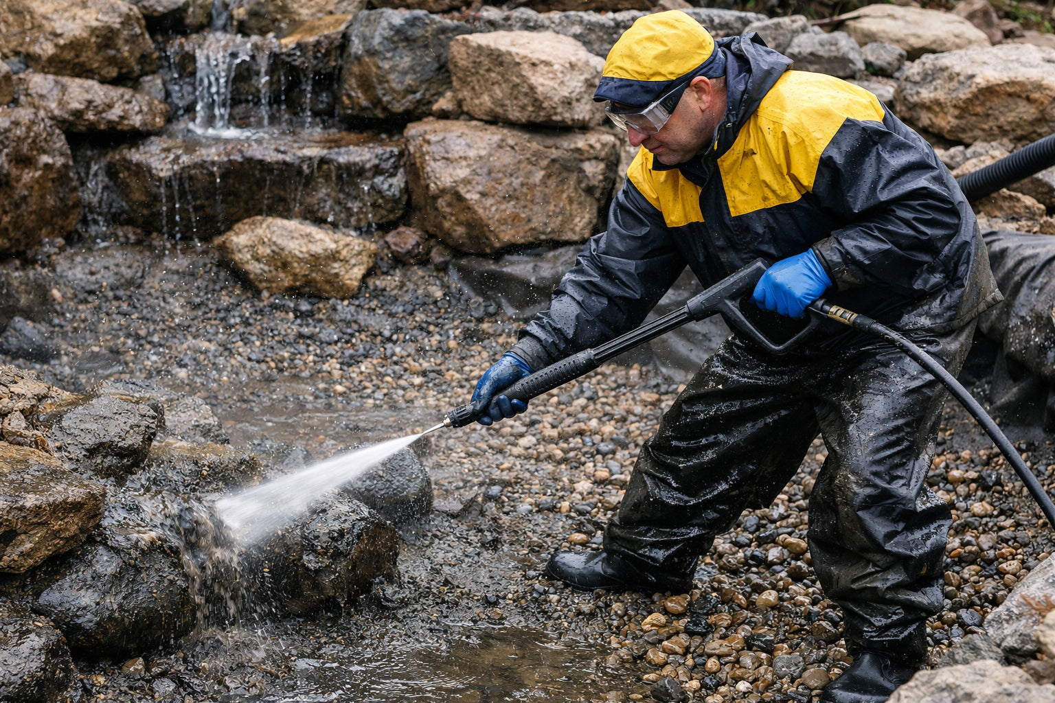 A man annually pressure washing an Aquascape pond