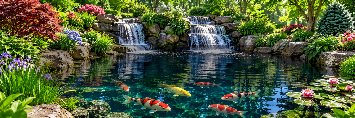 Crystal-clear koi pond with waterfalls showcasing pond filtration results