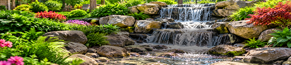 Customizable pondless waterfall with clear cascading water and natural boulder landscaping