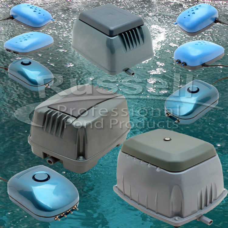 Pond air pumps for aerating all types and sized ponds, fish holding tanks, and hydroponics
