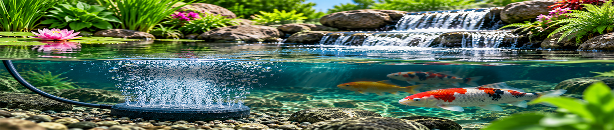 Pond aeration diffuser releasing oxygen bubbles in clear water with koi and a landscaped waterfall.