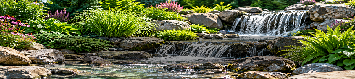 Landscaped pond and pondless waterfall stream with clear water cascading over natural rocks and boulders.