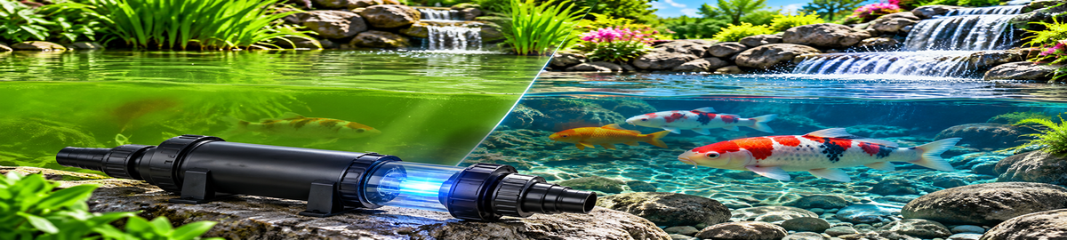 Pond UV clarifier showing green algae water transitioning to clear water with healthy koi and a waterfall.