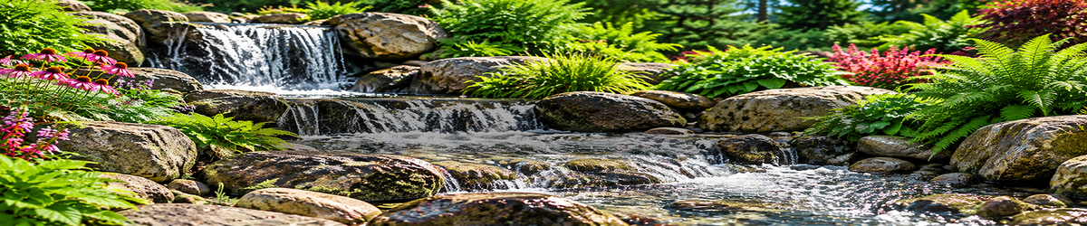 Landscaped pond and pondless waterfall stream with clear water flowing over natural rocks and boulders.
